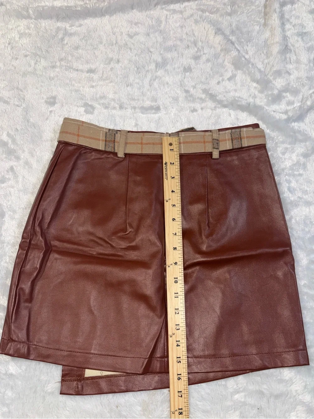Faux Leather Mini Skirt with Plaid Belt - Burgundy